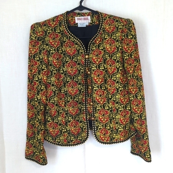 Maggy London Gold Red Black Damask Buttoned Cardigan Silk Size 6 Petite - Picture 1 of 6